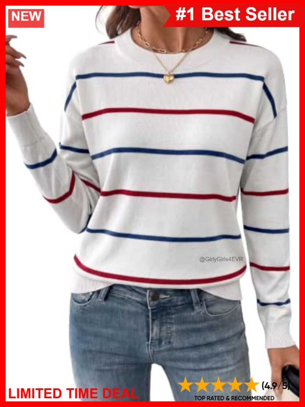 Womens Striped Crew Neck Long Sleeve Pullover Sweater Lightweight Knit
